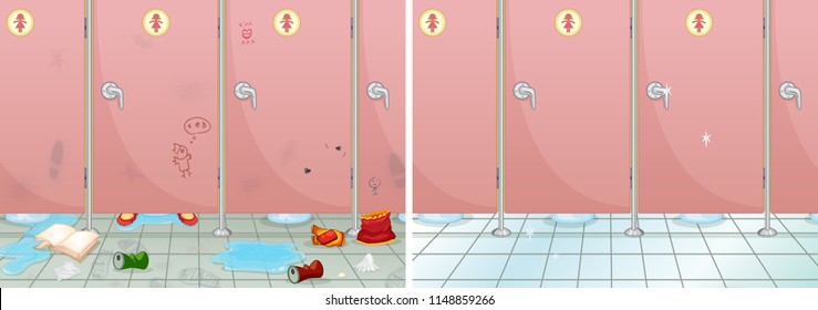 Scene of a clean and dirty bathroom illustration