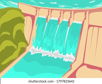  Scene with cliff and dam design. Landscape of dam design. Premium vector