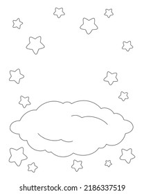 Escena con nubes y estrellas. Colorando la página del libro para los niños. Caricatura de estilo. Ilustración vectorial aislada en fondo blanco.