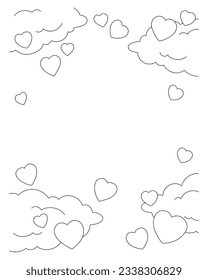 Scene with clouds and hearts. Coloring book page for kids. Cartoon style character. Vector illustration isolated on white background.