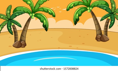 Scene with coconut trees on the beach illustration