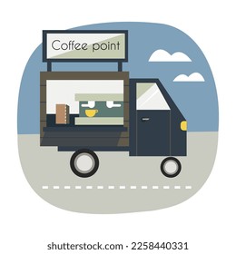 Scene with coffee truck, standing on the road and selling hot beverages. Vector illustration in flat design