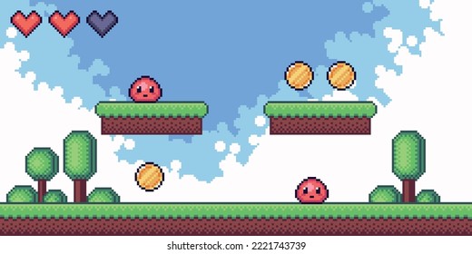 Scene with coins, slime monsters on pixel platform. Retro interface and landscape. 8 bit sprite. Game development, mobile app.  Isolated vector illustration.