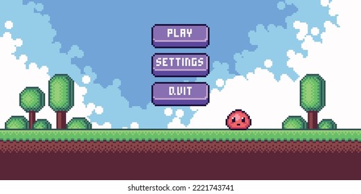 Scene with coins, slime monsters on pixel platform. Retro interface and landscape. 8 bit sprite. Game development, mobile app.  Isolated vector illustration.