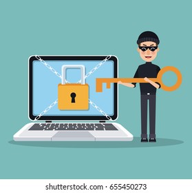 scene color laptop with padlock and chains crossed and thief man hacker with key to stealing