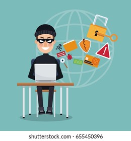 scene color thief hacker in desk with laptop global attack