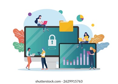 Scene of computer class with tiny people. Technology education concept.