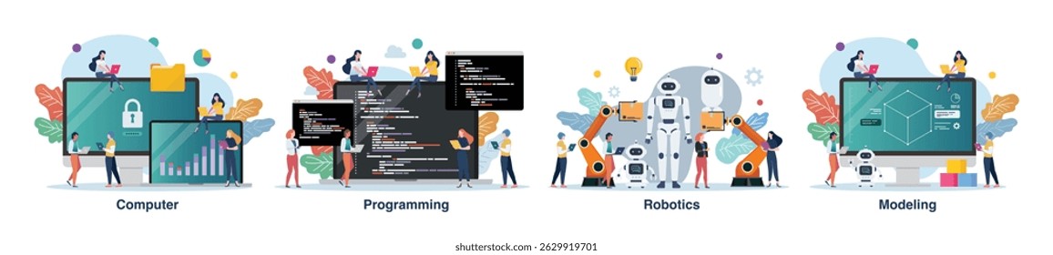 Cena da aula de programação e robótica de modelagem de computadores com pessoas minúsculas. conceito de educação modelagem 3D.