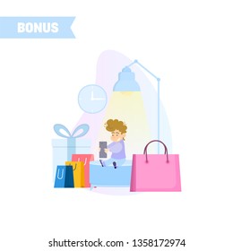A scene concept for an illustration of a boy sitting on gifts surrounded by shopping bags, holding a mobile gadget.