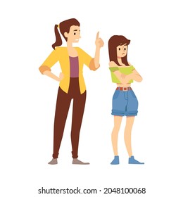 Scene Conflict Relationship In Family - Angry Mother Scolds Sad Daughter Teen. Female Parent Expression Negative Emotion Due Insubordination Of Child Teenager. Vector Illustration.