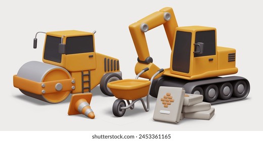 Scene from construction site in 3D style. Road roller, excavator, wheelbarrow, signal cone