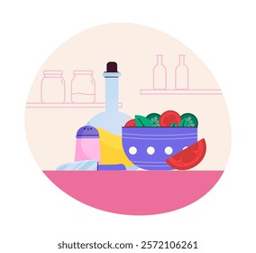 Scene of cooking. Bowl of salad. Tomatoes and lettuce. Healthy eating and proper nutrition with vitamins. Culinary and food preparation. Flat vector illustration isolated on white background