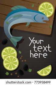 Scene of cooking with kitchen board, fish, lemon, spicery and place for your text