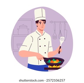 Scene of cooking. Man in chefs hat fries vegetables. Healthy eating and food with vitamins. Culinary and food preparation. Flat vector illustration isolated on white background