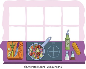 A scene of cooking or preparing a healthy meal like vegetable curry or Chinese food a kitchen in an abstract cubist flat modern cartoon style