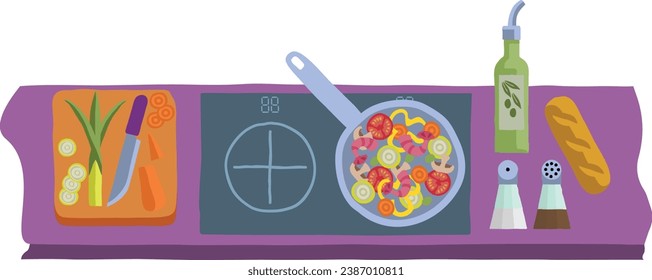 Escena de cocinar o preparar una comida saludable como curry de verduras o comida china una cocina en un abstracto cubista plano estilo de dibujos animados modernos