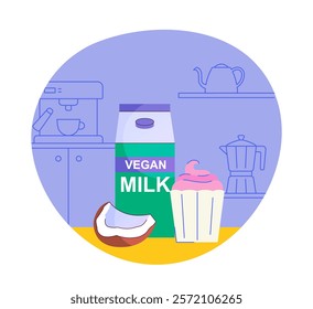 Scene of cooking. Vegan milk, slice of coconut and cupcake. Healthy eating, dessert and delicacy. Culinary and food preparation. Flat vector illustration isolated on white background