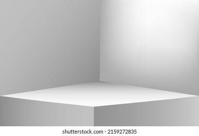 Scene corner. Minimal white floor and walls 3d angle, simple interior light perspective, hall product table box, blank cell room space, empty monotone studio background