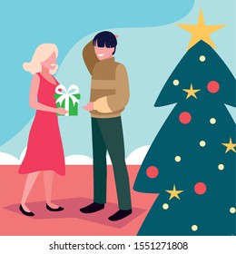 scene of couple with christmas tree and gift vector illustration design