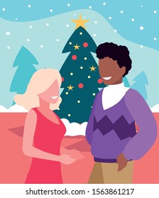 scene of couple with christmas tree vector illustration design