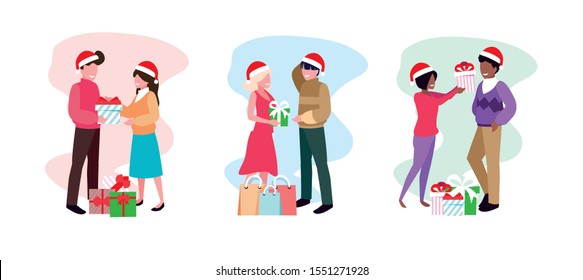 scene of couples with gift box on white background vector illustration design