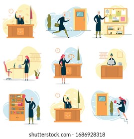 Scene at Court or Trial. Man and Woman Judge Sitting at Table with Hammer, Prosecutor with Briefcase Running to Hearing, Showing Note with Pointer. Attorney Holding Scales Flat Vector Illustration.