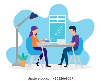 scene of coworking with couple in workplace vector illustration design