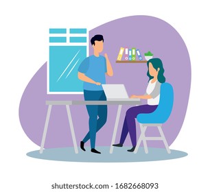 scene of coworking with couple in workplace vector illustration design