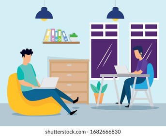 Szene der Zusammenarbeit mit Männern am Arbeitsplatz Vektorillustration Design
