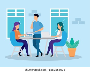 scene of coworking with people in workplace vector illustration design