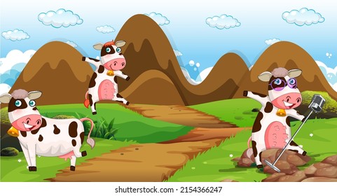 Scene with cows in the park illustration