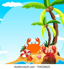 Scene with crab and hermit crab on island illustration