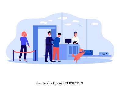 Scene of criminal arrest by police officer with dog at airport. Scared people on baggage checkpoint flat vector illustration. Security, crime concept for banner, website design or landing web page