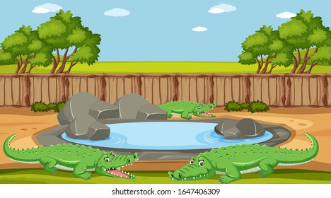 Scene with crocodile by the pond in the zoo illustration