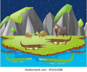 Scene with crocodiles and other animals on island illustration