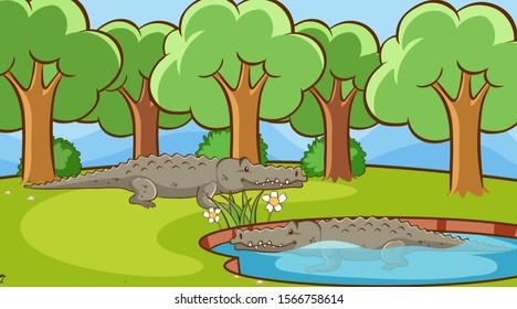 Scene with crocodiles in the park illustration