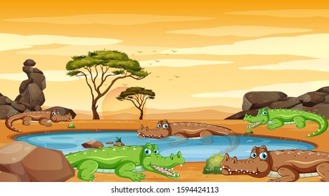 Scene with crocodiles in the pond illustration