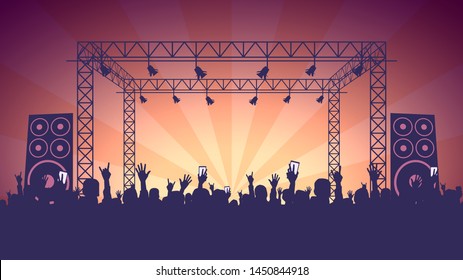 Scene, crowd of fans, rock concert, music festival, night club