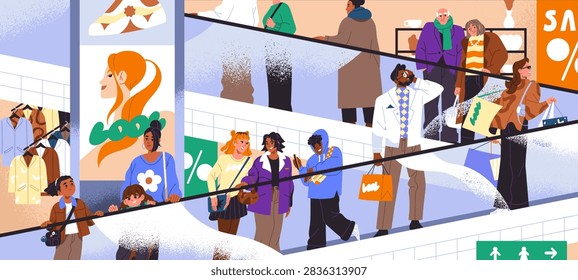 Scene with crowd moving up on escalator in shopping mall. People lift with automatic stairs in fashion retail center. Diverse men and women on electric elevator with railing. Flat vector illustration