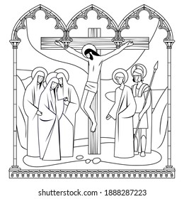 Scene of the Crucifixion of Christ in a classic Gothic frame. Linear drawing for a coloring book. Vector illustration