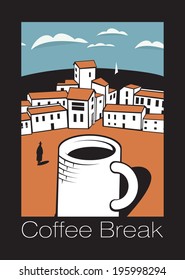 scene with a cup of coffee in town by the sea