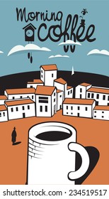 scene with a cup of coffee in town by the sea