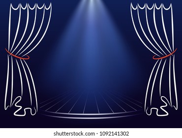 Scene with curtains and spotlights. Announcement vector template. Backstage