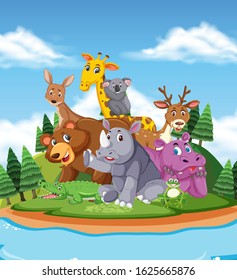 Scene with cute animals by the river illustration