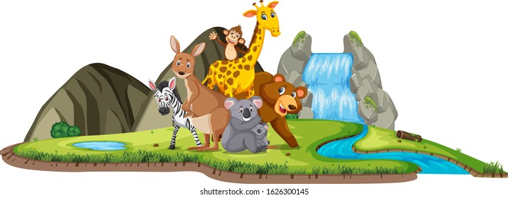 Scene with cute animals standing by the waterfall illustration