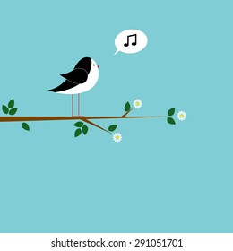 scene with cute bird sitting on branch and sing - vector