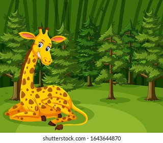 Scene with cute giraffe sitting in the big forest illustration