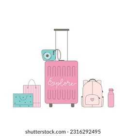 Scene of cute girly travel stuff. Pink luggage with camera, bags vector illustration.