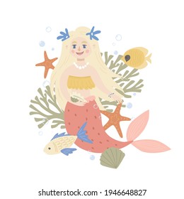 Scene with cute mermaid and marine life. Childish print for apparel, nursery, cards, posters. 
