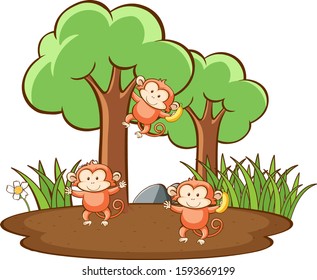 Escena con monos lindos en ilustración forestal